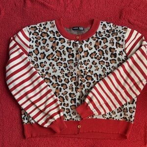 SHEIN Red Trim Leopard Print Cardigan with Striped Sleeves
